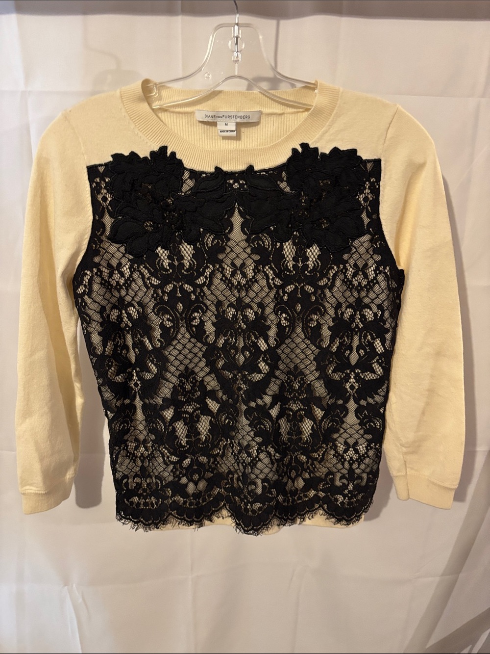 Diane Von Furstenberg Cream Sweatshirt with Black Lace Appliqué